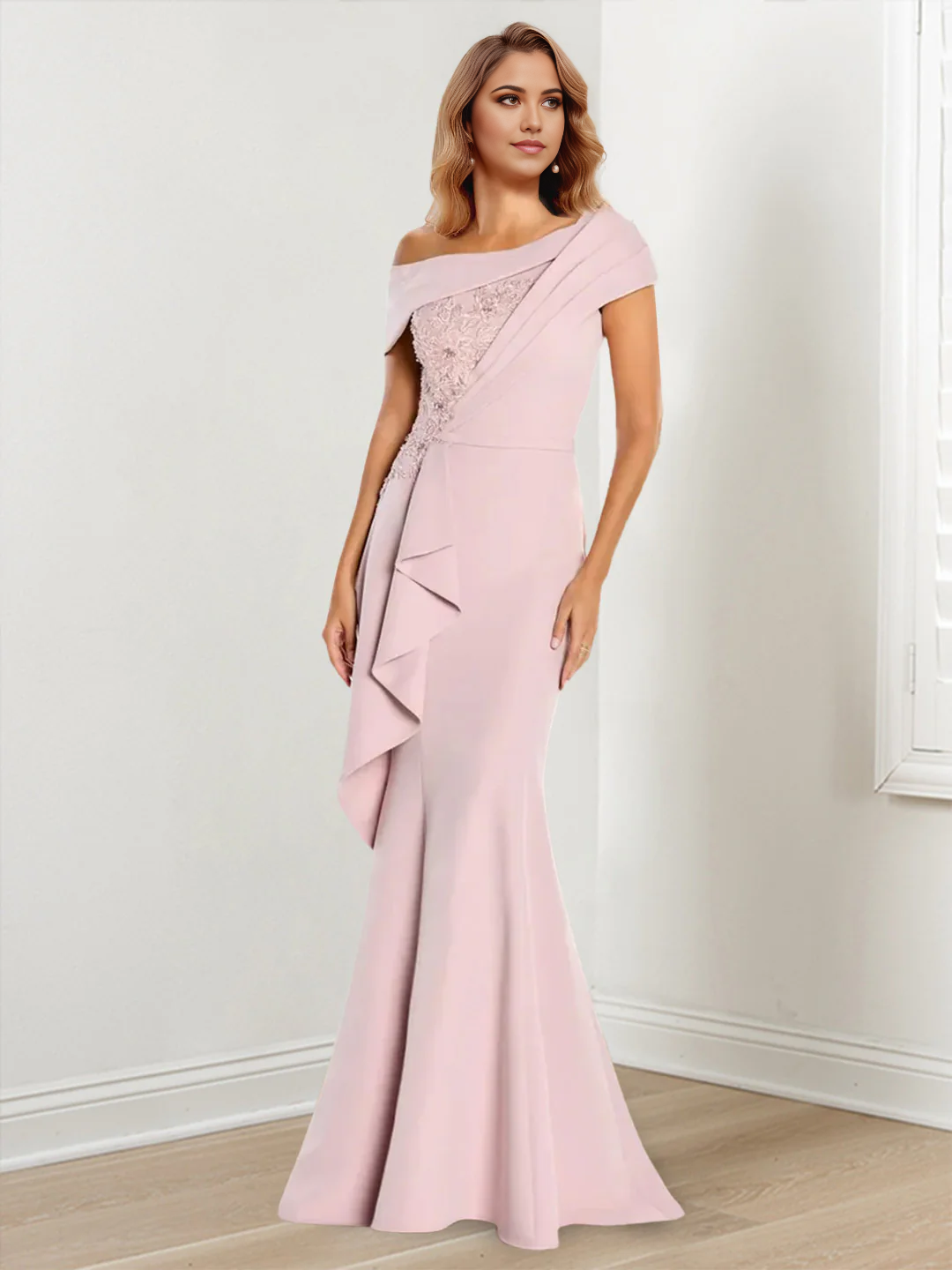 Vestidos de madre de la novia de talla grande, estilo sirena, con un solo hombro y mangas largas con encaje